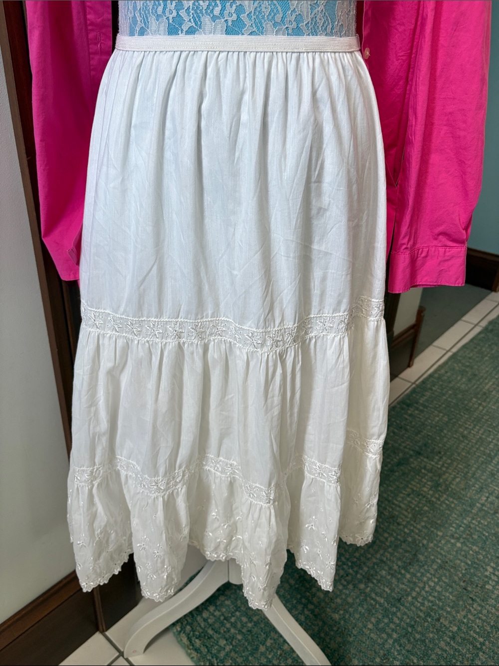 Western petticoat  or lined skirt  3 Tier Eyelet/Lace  Cotton Skirt  white elast